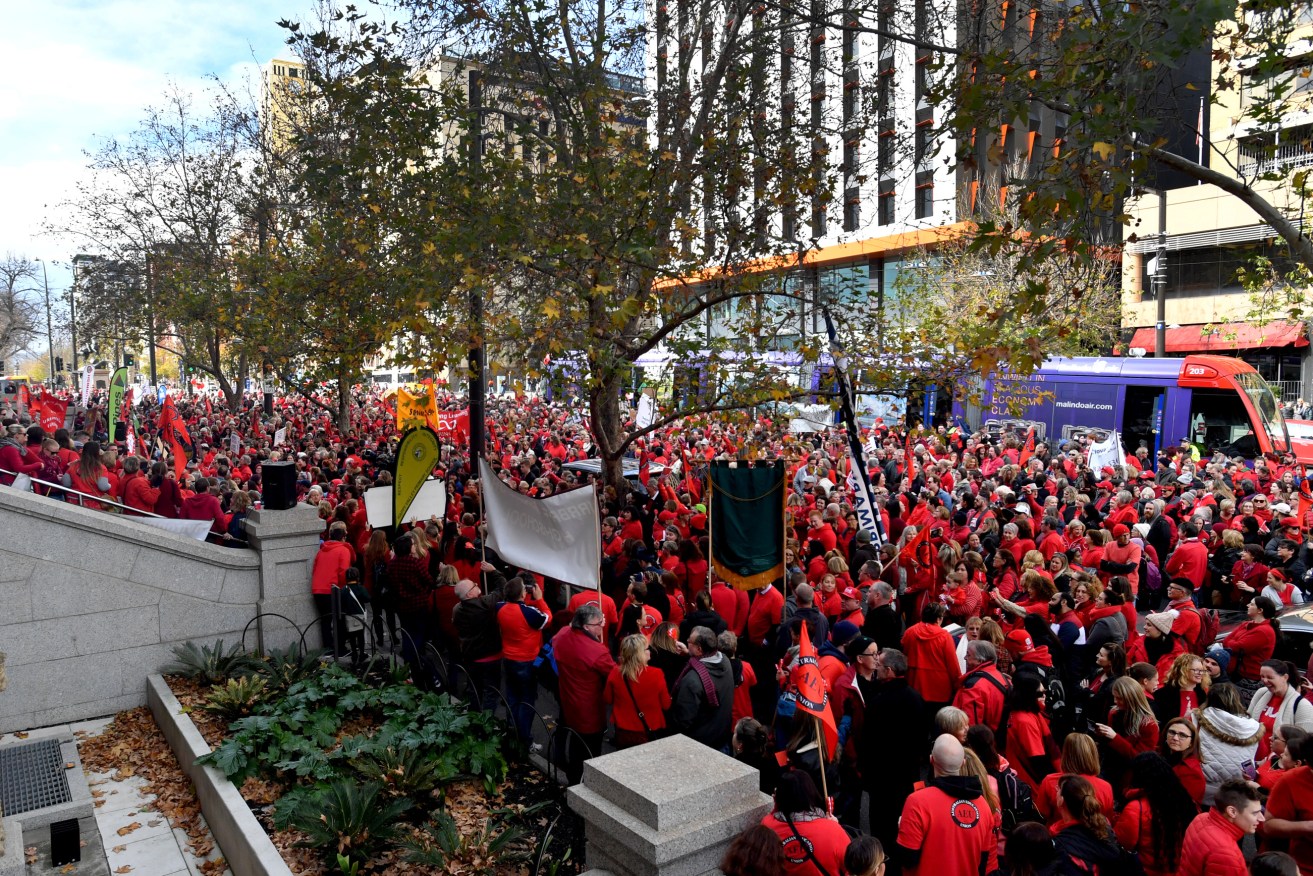 South Australian teachers protest outside Parliament today. Photo: AAP/Sam Wundke