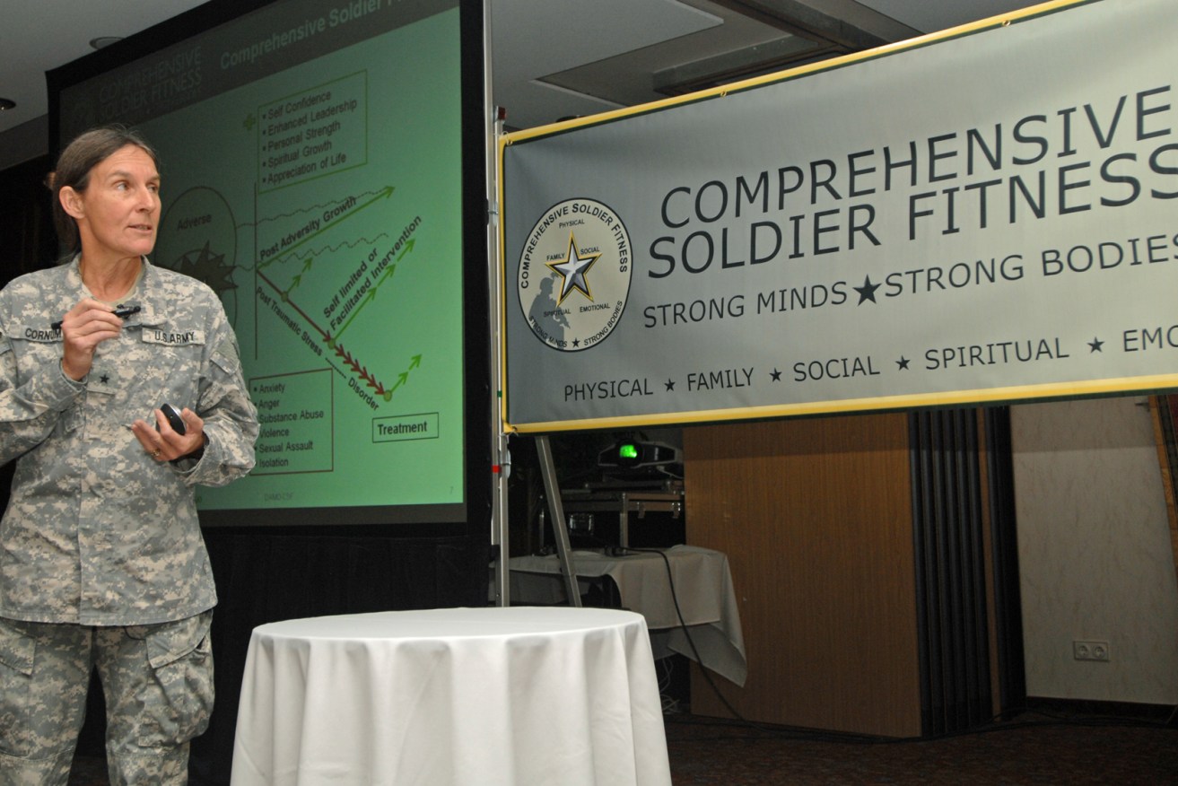 Rhonda Cornum speaking at the opening session of a two-week Master Resilience Trainer Course in Germany in 2010. Source: Wikimedia Commons. 