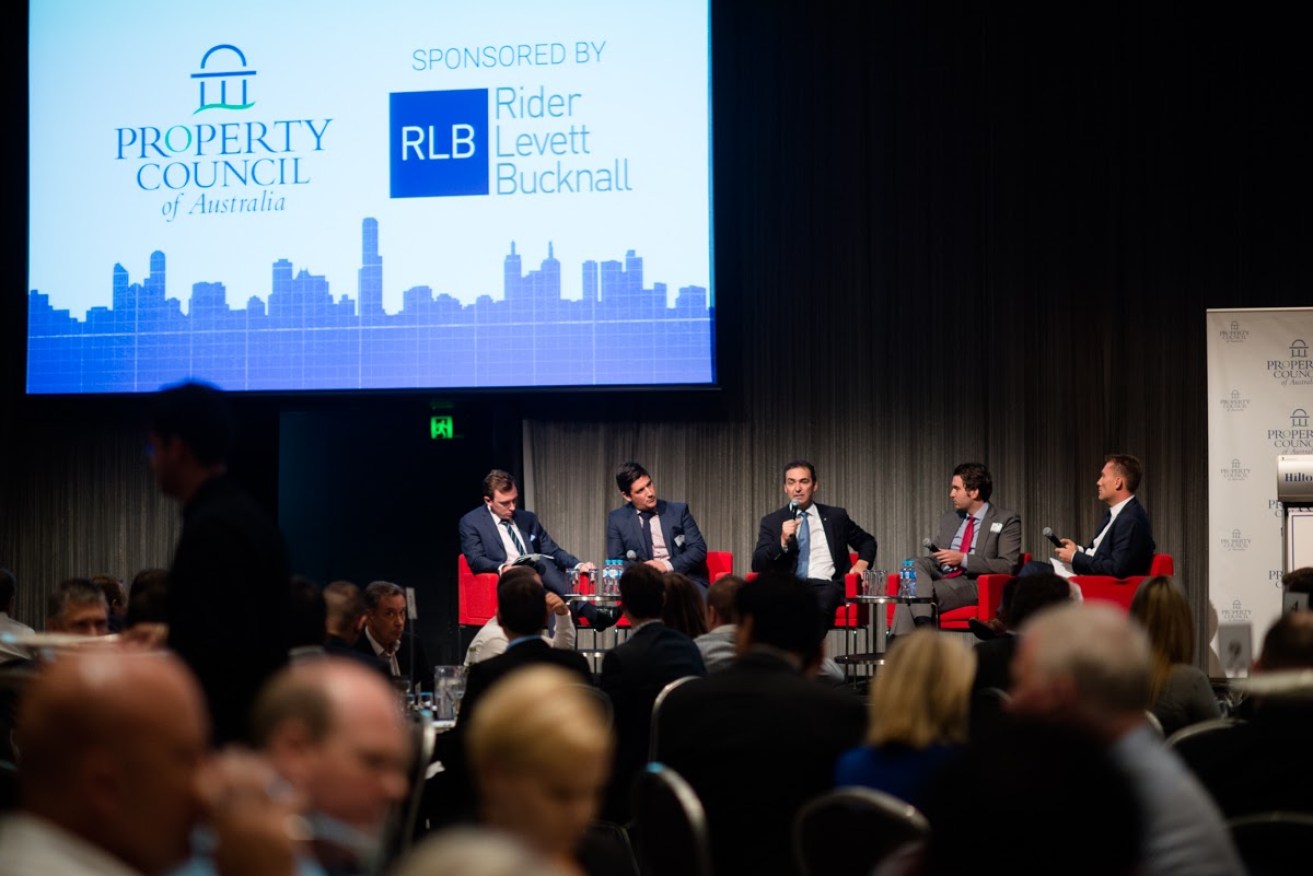 Steven Marshall (centre) attending a Property Council 'Q & A' event in 2016 with executive director Daniel Gannon (left). Photo: Tony Lewis / InDaily