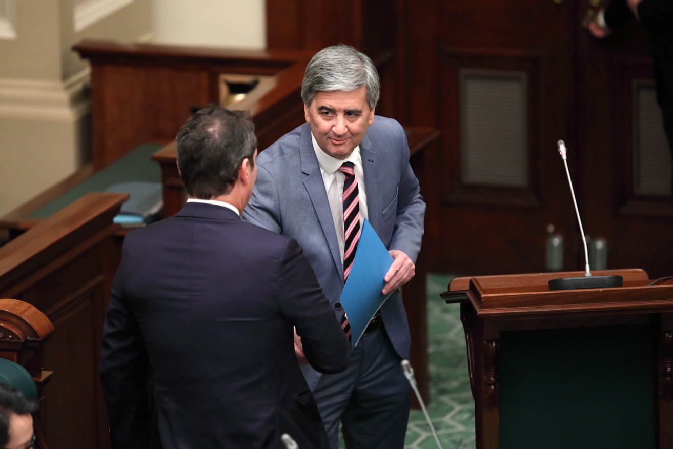 Rob Lucas greets Steven Marshall before delivering his budget speech to parliament last month. Photo: Tony Lewis / InDaily