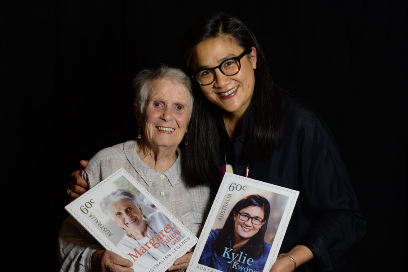 Margaret Fulton, pictured with chef Kylie Kwong when they were named Australia Post Legends in 2014, influenced a generation of food writers. Photo: AAP
