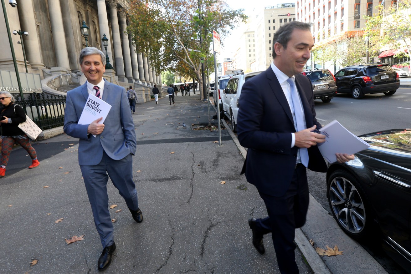 Rob Lucas and Steven Marshall on budget day. Photo: Kelly Barnes / AAP