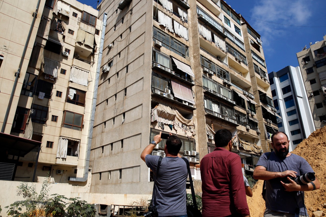 Hezbollah's Beirut media office was damaged by drones. Photo: AP/Bilal Hussein