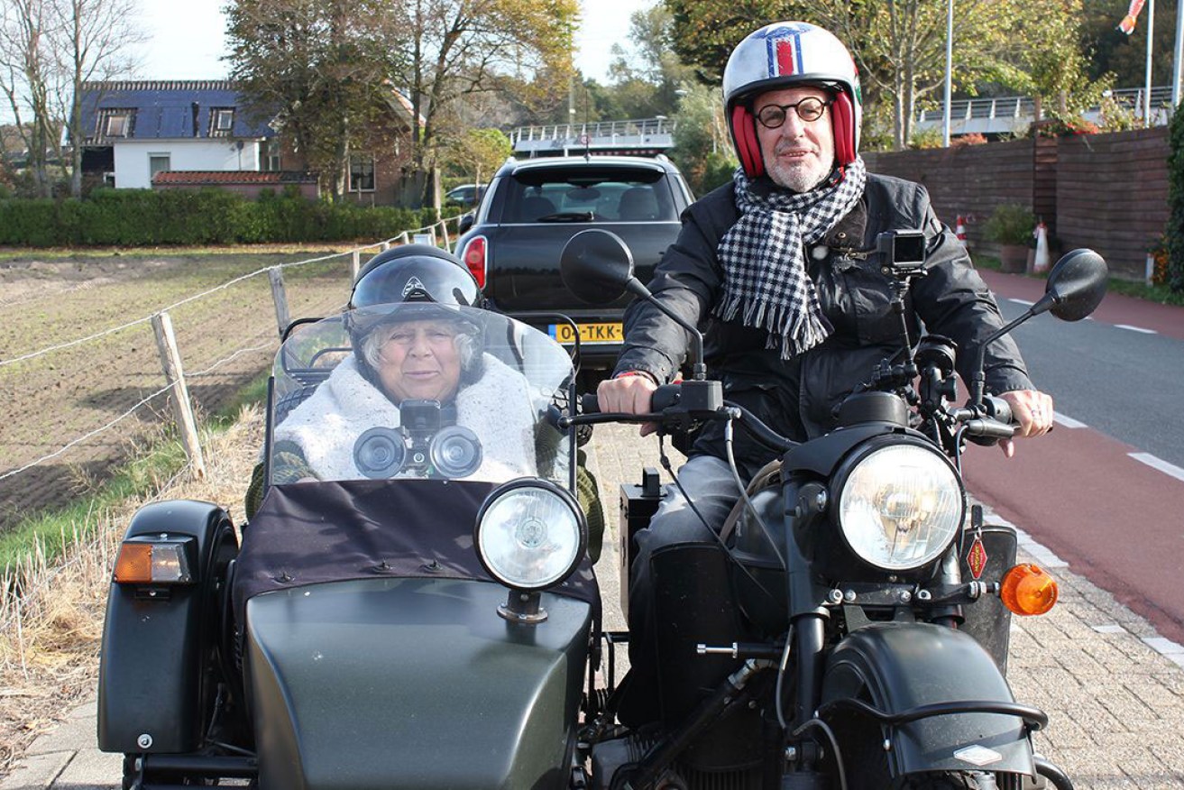 Miriam Margolyes takes a ride in a sidecar with Dr Philip Nitschke - aka Dr Death.