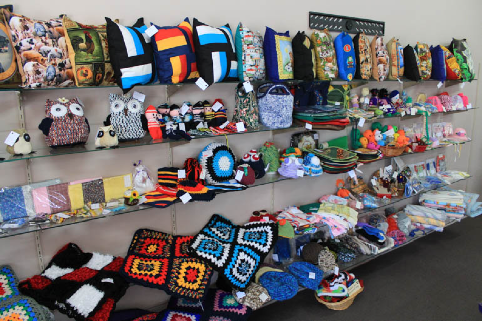 Array of homemade craft items of display at the Tatiara Work Centre.
