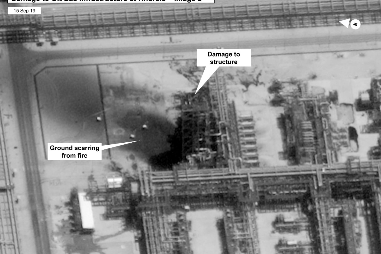Drone attack damage to Saudi Arabia's Kuirais oil field has hit 5 per cent of daily global oil supply. Photo: US Govt/Digital Globe via AP