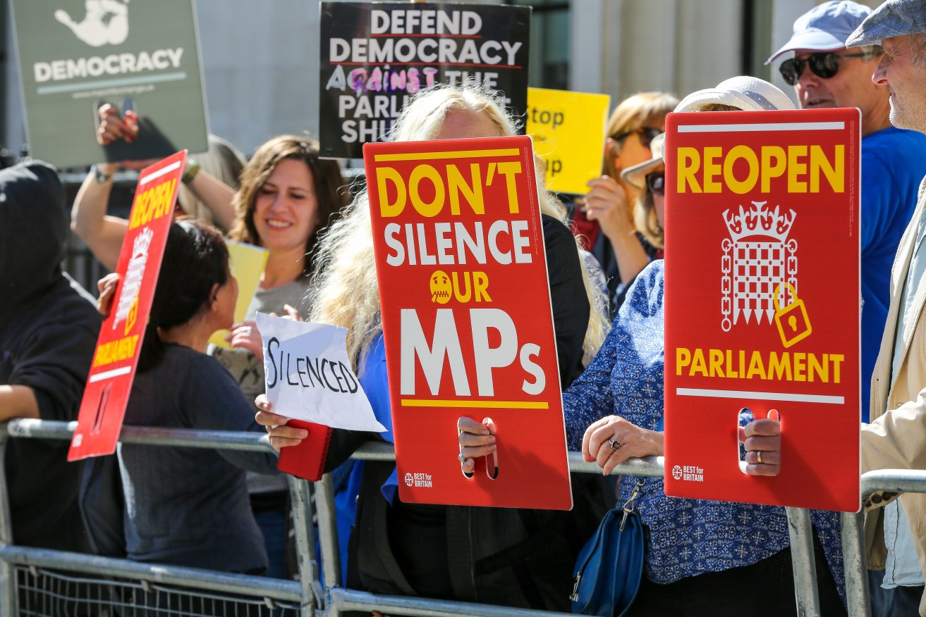 Protesters outside the UK Supreme Court hearing an appeal over the shutdown of Parliament. Photo: Steve Taylor/SOPA Images