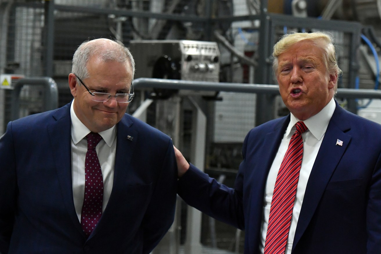 Prime Minister Scott Morrison with US President Donald Trump at the opening of Pratt Paper Plant in Ohio. Photo: Mick Tsikas / AAP