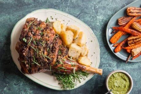 Roast Leg of Lamb with Garlic, Rosemary, Capers and Quince