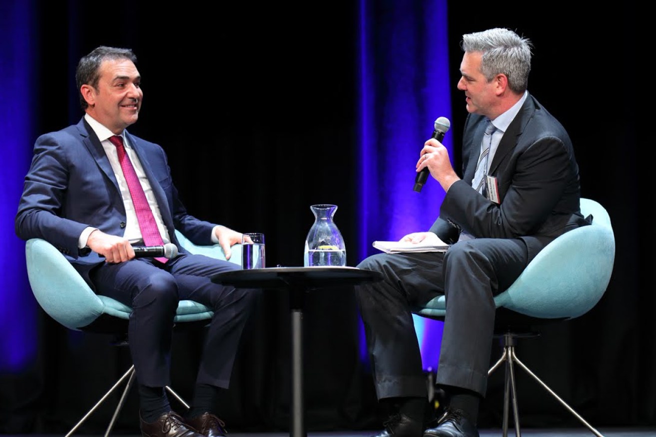 Tom Richardson interviews Premier Steven Marshall at last year's SA Business Index event. Photo: Tony Lewis / InDaily