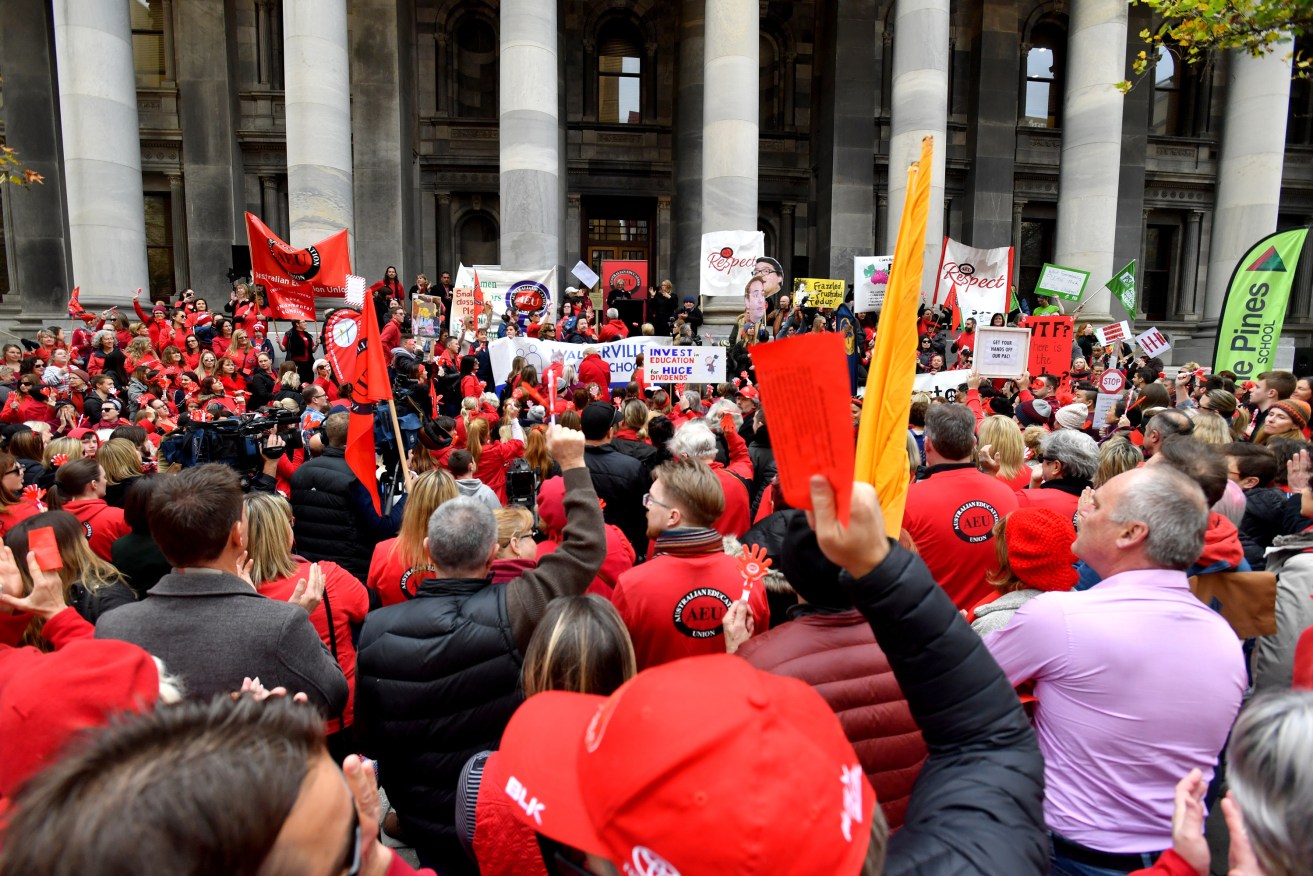 Teachers have continued strike action this year as their enterprise bargaining dispute with the Marshall Government rolls on. Photo: Sam Wundke / AAP