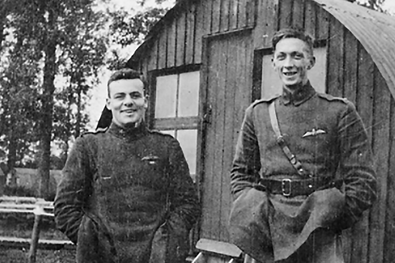Capt. Cedric Howell (right) in France, 1917. The decorated fighter ace drowned off Crete when his aircraft ditched during the 1919 Great Air Race. Photo: Australian War Memorial/AAP