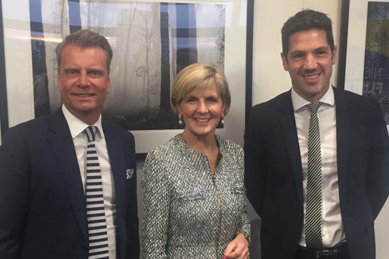 Morry Bailes with then-Liberal deputy leader Julie Bishop and TGB senior associate Alex Antic, who is now himself a senator. Photo: Tindall Gask Bentley / Facebook
