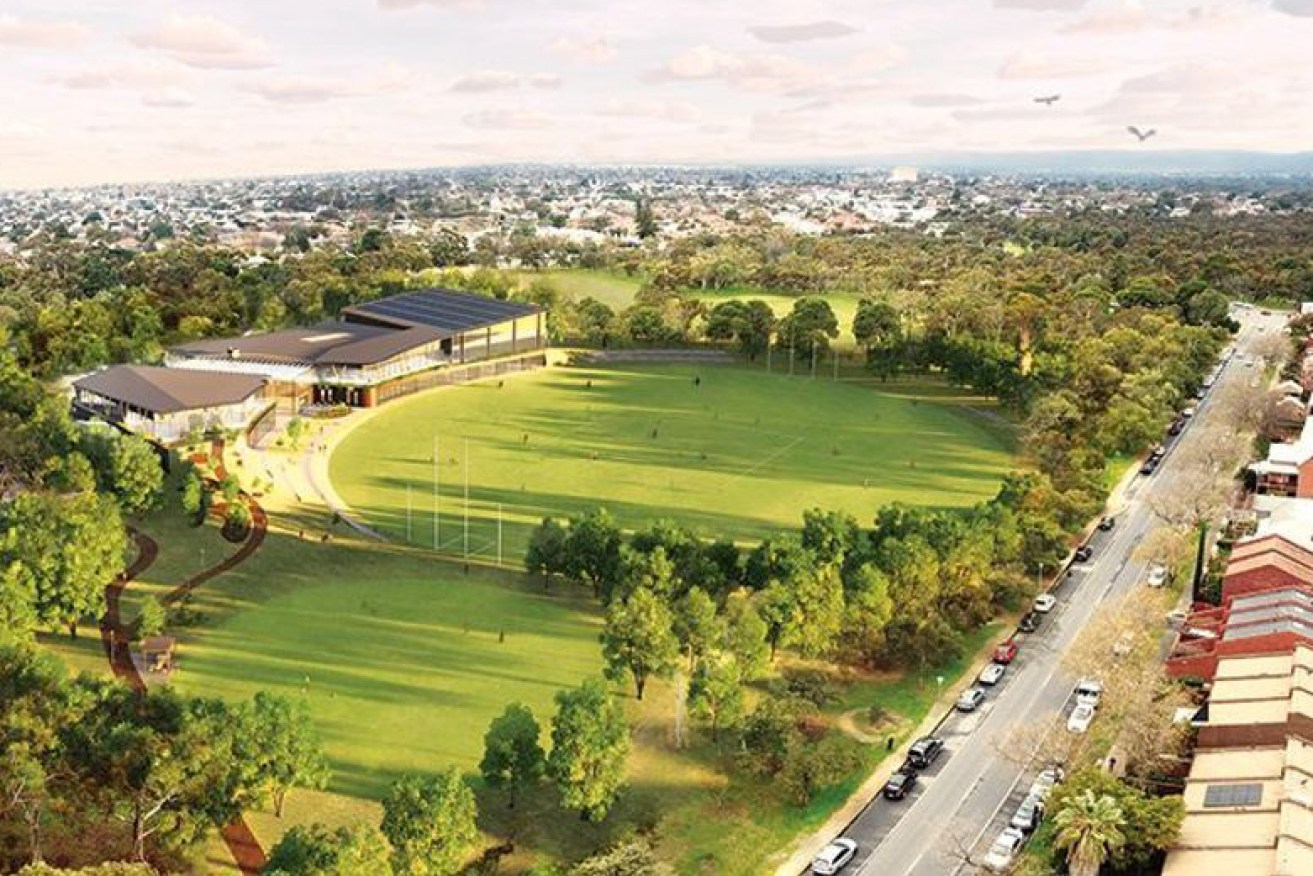 A render of the Adelaide Football Club's proposed "sport and community centre" in the park lands. Image: Adelaide Football Club