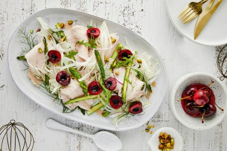Poached Turkey Breast with Pickled Cherry, Pistachio and Fennel Salad