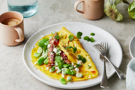 Omelette with Broad Beans, Pancetta, Goat Cheese and Mint