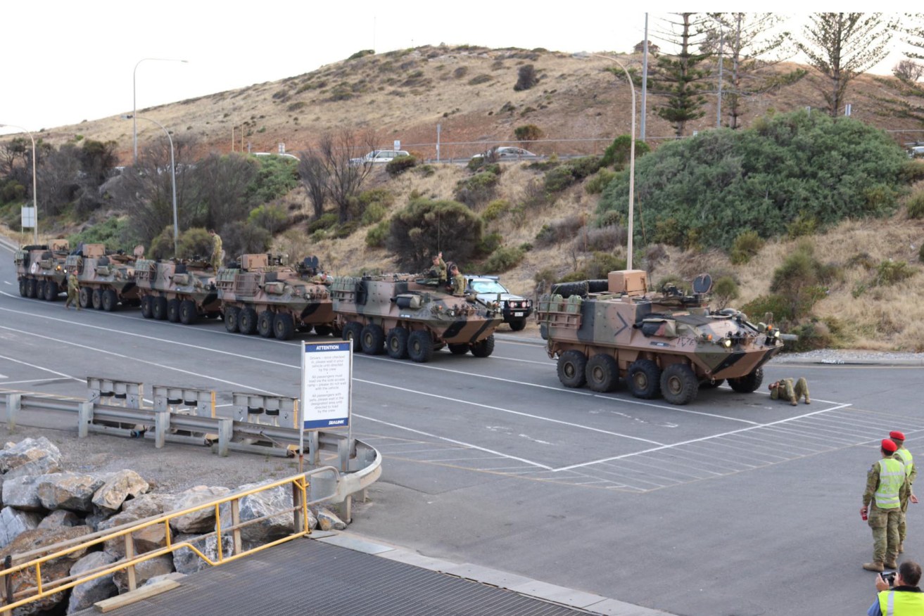 Six Australian Army armoured personnel carriers arrive in Kangaroo Island. Photo: Leon Bignell / Facebook