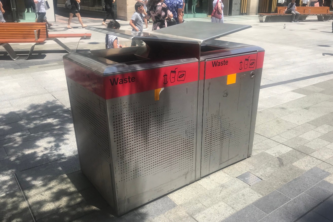 Rundle Mall management decided to remove recycling labels on dual bins over the Christmas trading period. Photo: Stephanie Richards/InDaily 