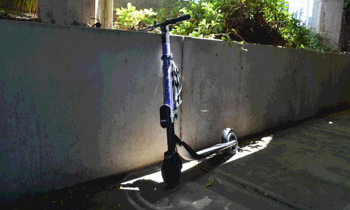 A Beam e-scooter, left in an underground Grenfell Street car park. The distinctive purple-hued scooters will be removed from city streets by the end of the month after failing to secure a renewed permit. Photo: Bension Siebert / InDaily