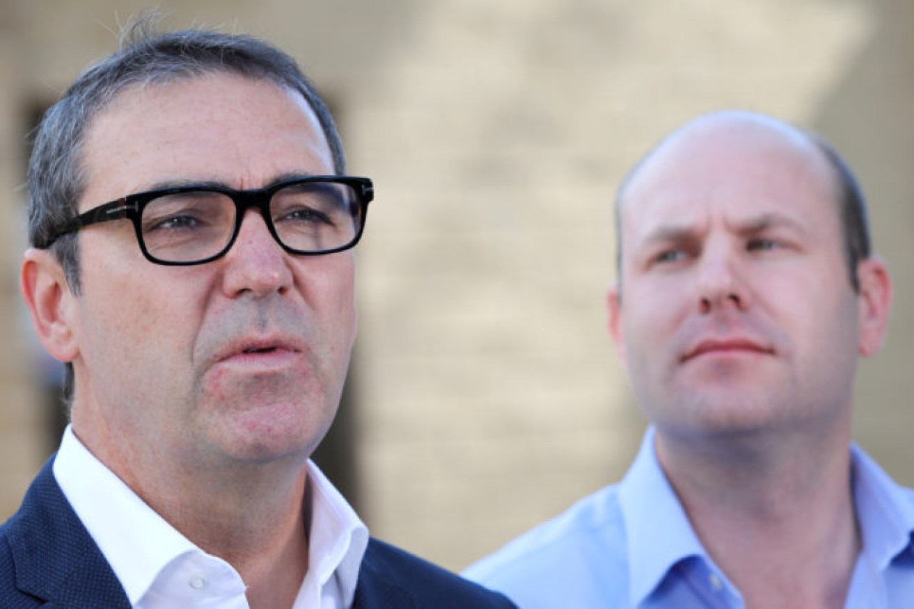 Steven Marshall with Sam Duluk before the 2018 state election. Photo: Russell Millard / AAP