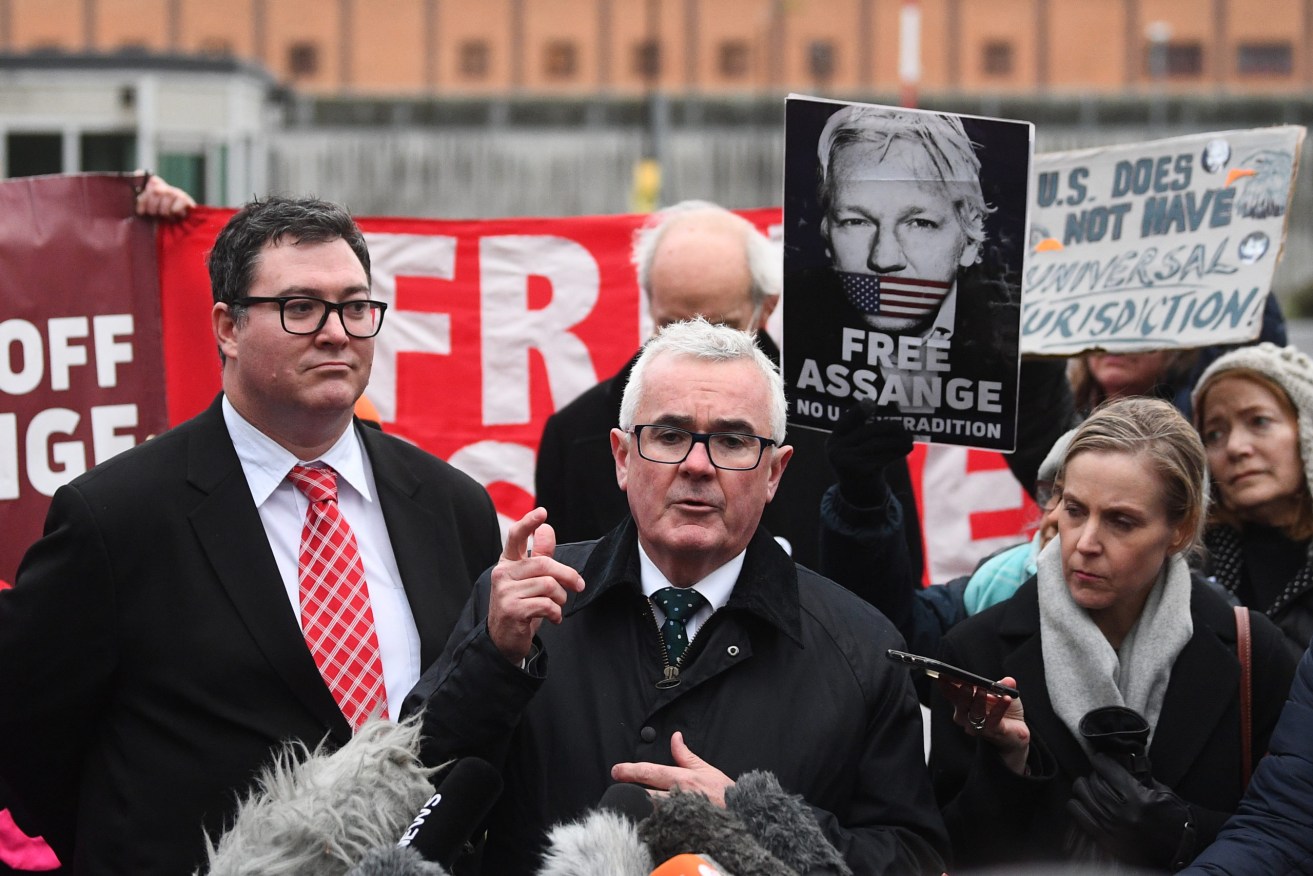 Liberal National MP George Christensen and independent MP Andrew Wilkie outside London's Belmarsh prison ahead of next week's US extradition for Australian citizen Julian Assange. Photo: Victoria Jones/PA Wire