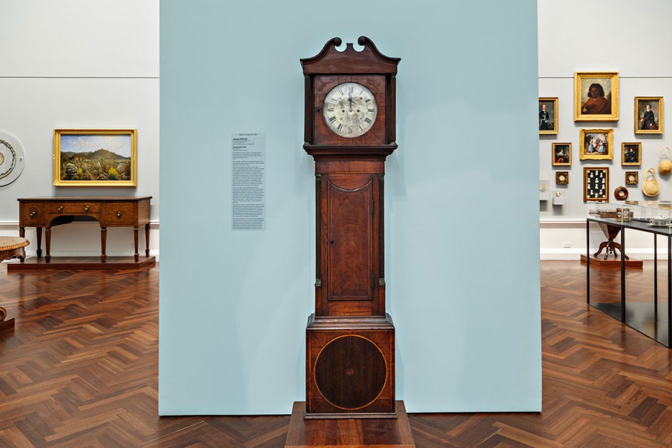 James Oatley's Longcase clock, in the Art Gallery of SA's Elder Wing. Photo: Saul Steed
