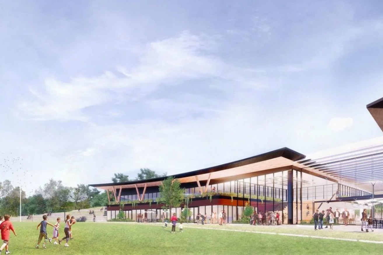 A render of the proposed Adelaide Football Club sports and community centre in the park lands. Image: AFC