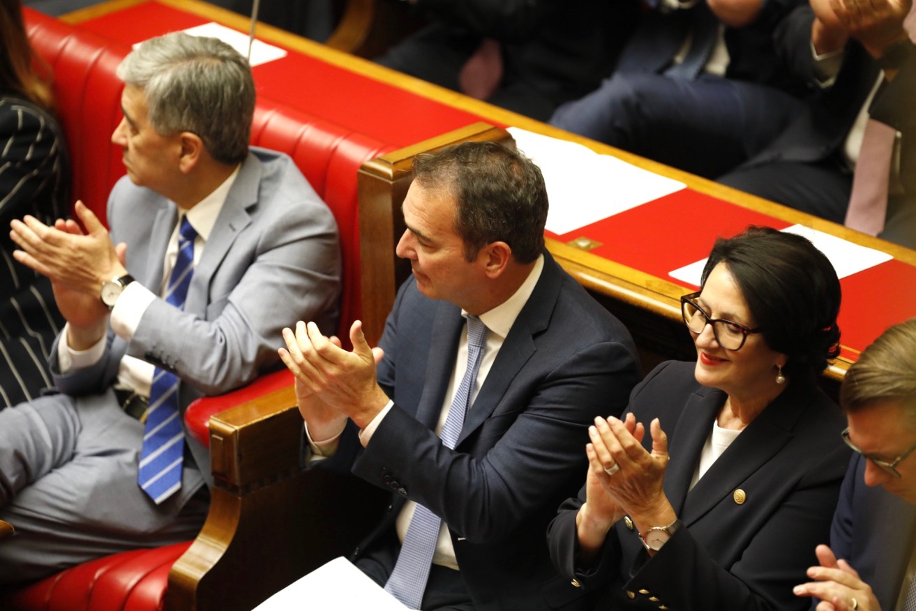Premier Steven Marshall, flanked by Deputy Premier Vickie Chapman and Treasurer Rob Lucas, at today's opening of Parliament. Photo: Tony Lewis/InDaily