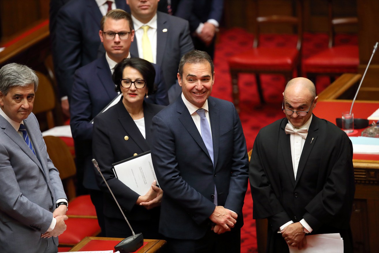Premier Steven Marshall flanked by Treasurer Rob Lucas (left), Deputy Premier Vickie Chapman and (behind) fledgling Manager of Government Business Stephan Knoll. Photo: Tony Lewis / InDaily