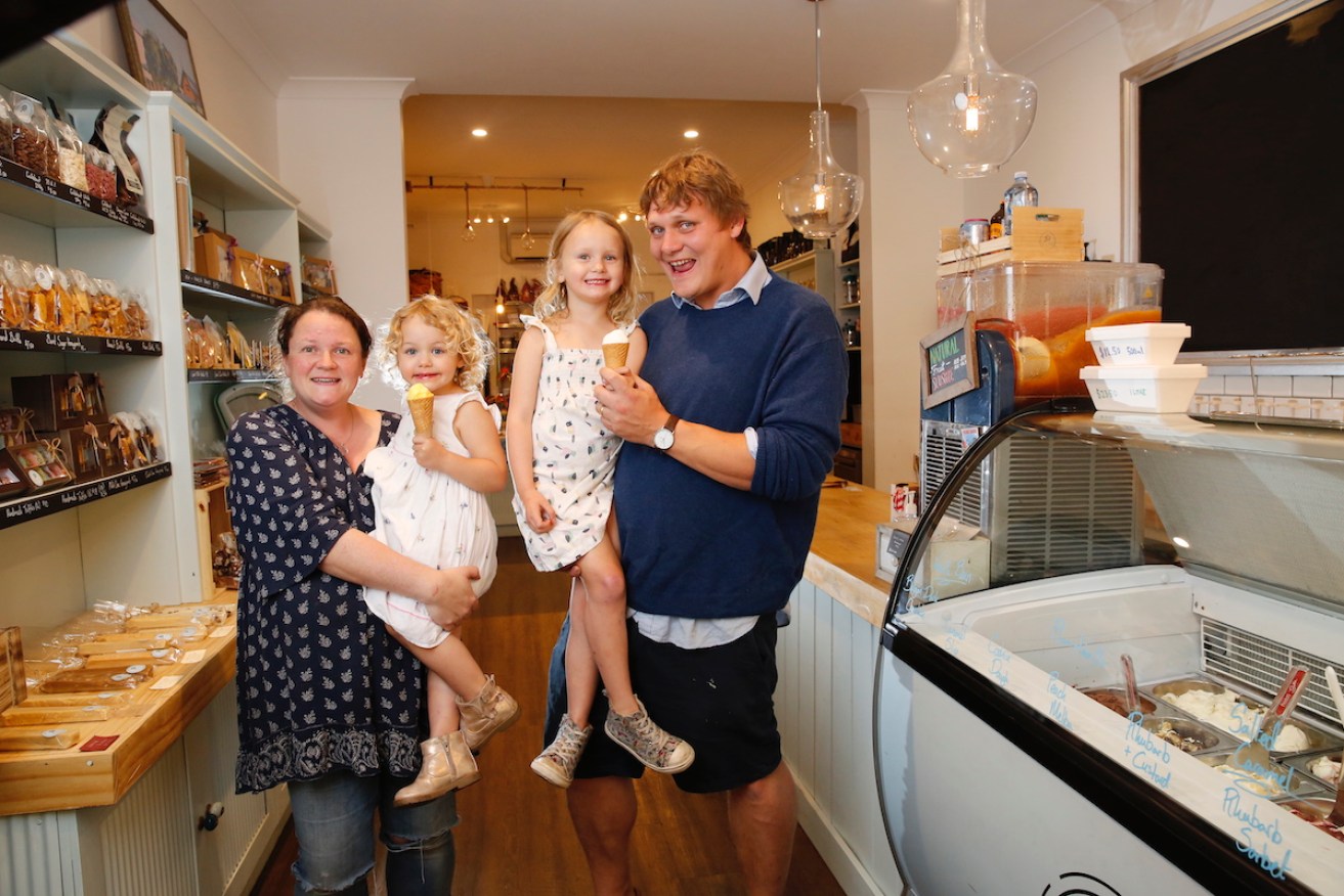 Hokey Pokey's Helen and Tim McNamara with daughters Alice, 3, and Sophie, 5. Photo: Ben Kelly.