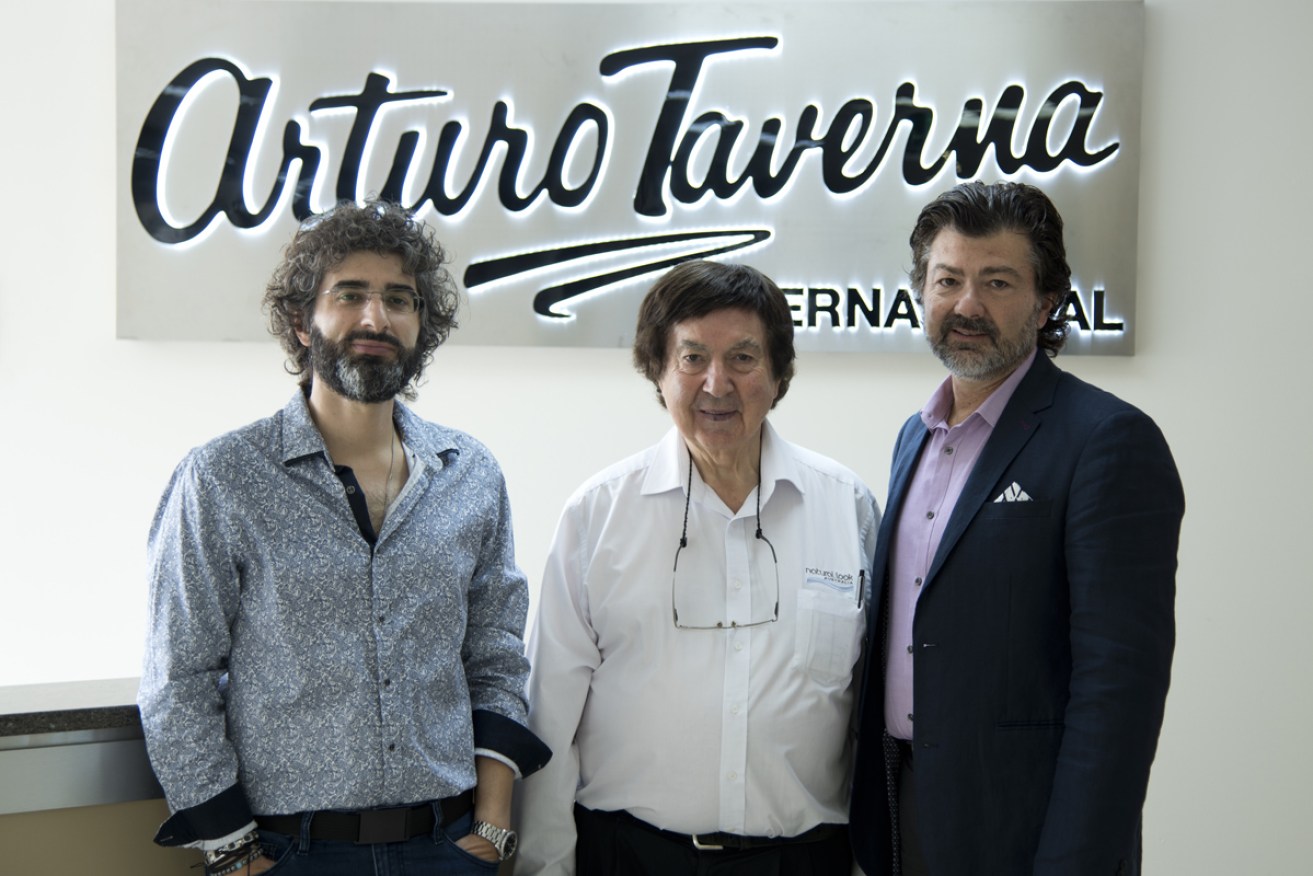 Legendary Adelaide salon owner Arturo Taverna (centre) with sons Andrew (left) and Anthony. Picture: Supplied