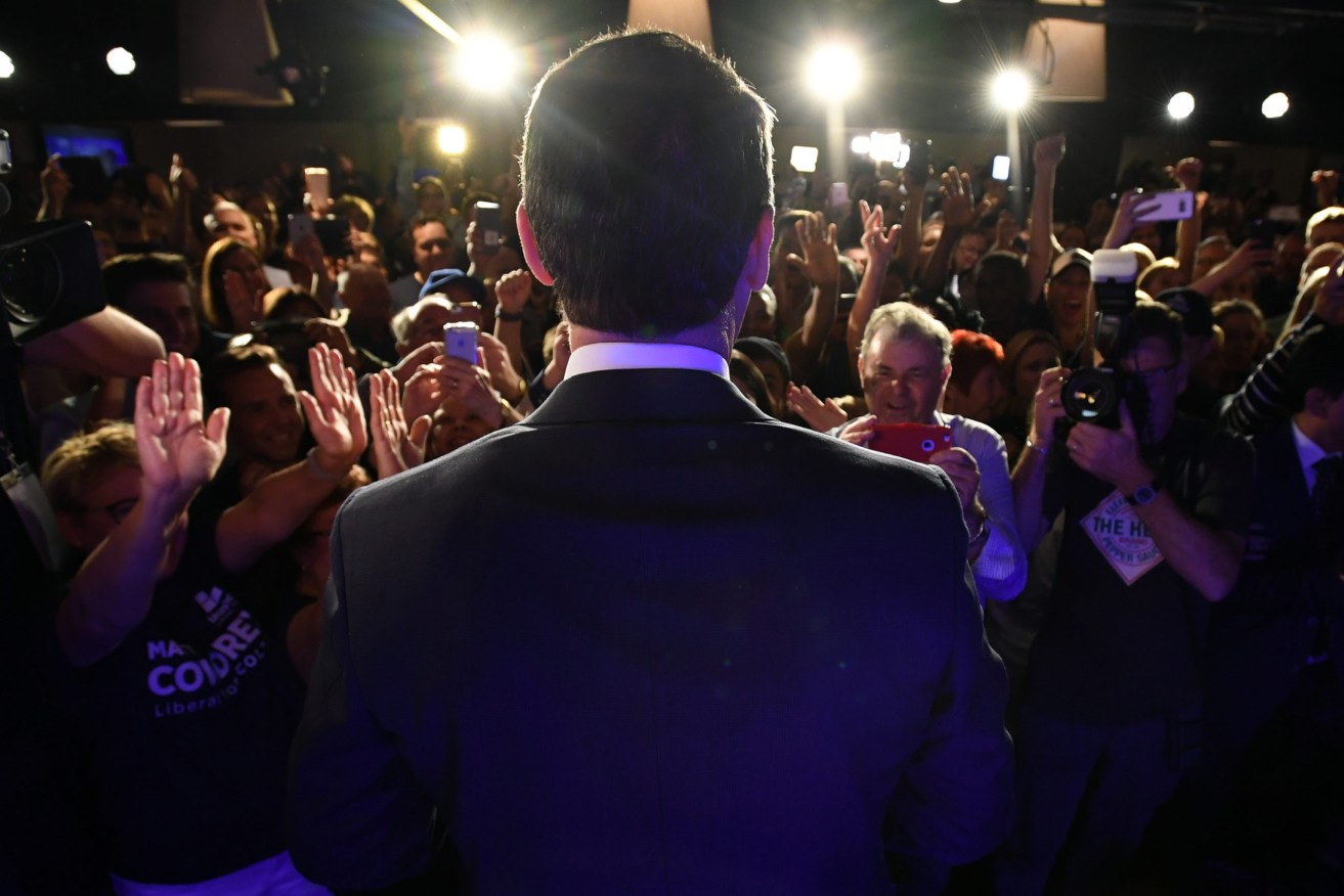 Steven Marshall greets the Liberal faithful on election night, 2018. Photo: Tracey Nearmy / AAP