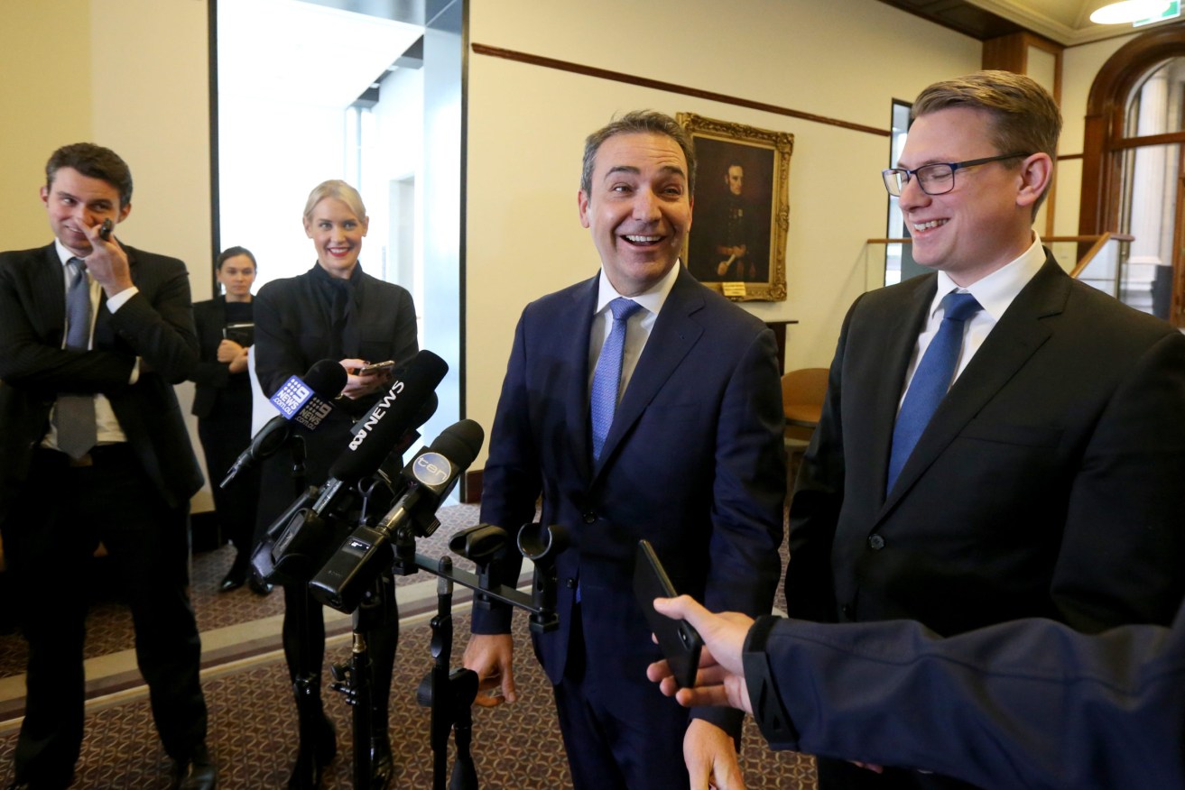 Planning Minister Stephan Knoll, pictured in 2018 with Premier Steven Marshall, has refused to respond to questions about a senior bureaucrat in his department. Photo: Kelly Barnes / AAP