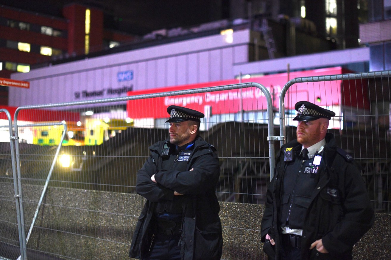 Police outside at St Thomas' Hospital in central London as Prime Minister Boris Johnson was moved to intensive care. Photo: Victoria Jones/PA Wire