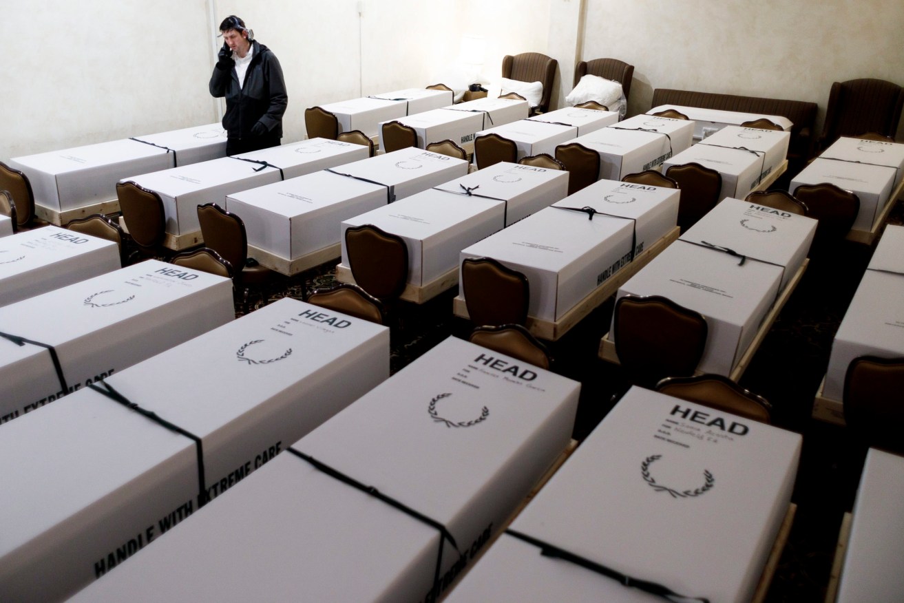 Coffins containing coronavirus victims at a New York funeral home. Photo: EPA/Justin Lane