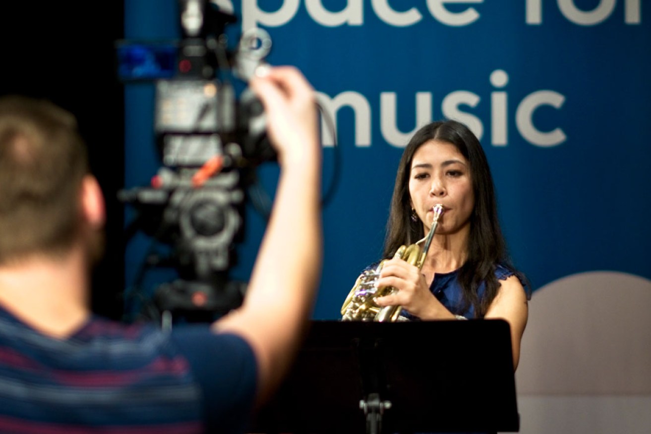 ASO horn player Emma Gregan during filming for the Virtual Concert Hall.