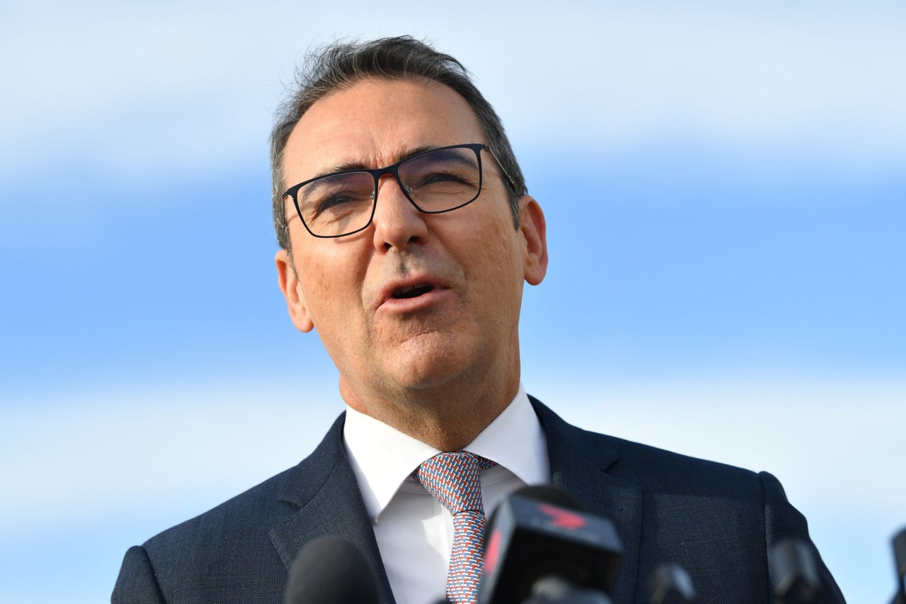SA Premier Steven Marshall speaks to the media during a press conference before the first international freight flight leaves Adelaide Airport in Adelaide, Wednesday, May 6, 2020. (AAP Image/David Mariuz) NO ARCHIVING