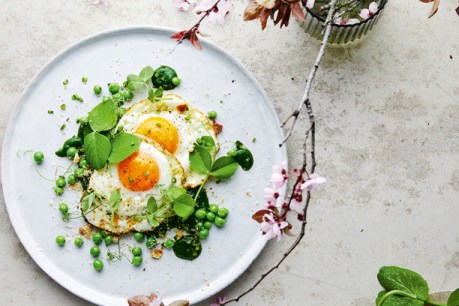 Fried eggs with watercress puree, peas, pea shoots, green chilli and breadcrumbs
