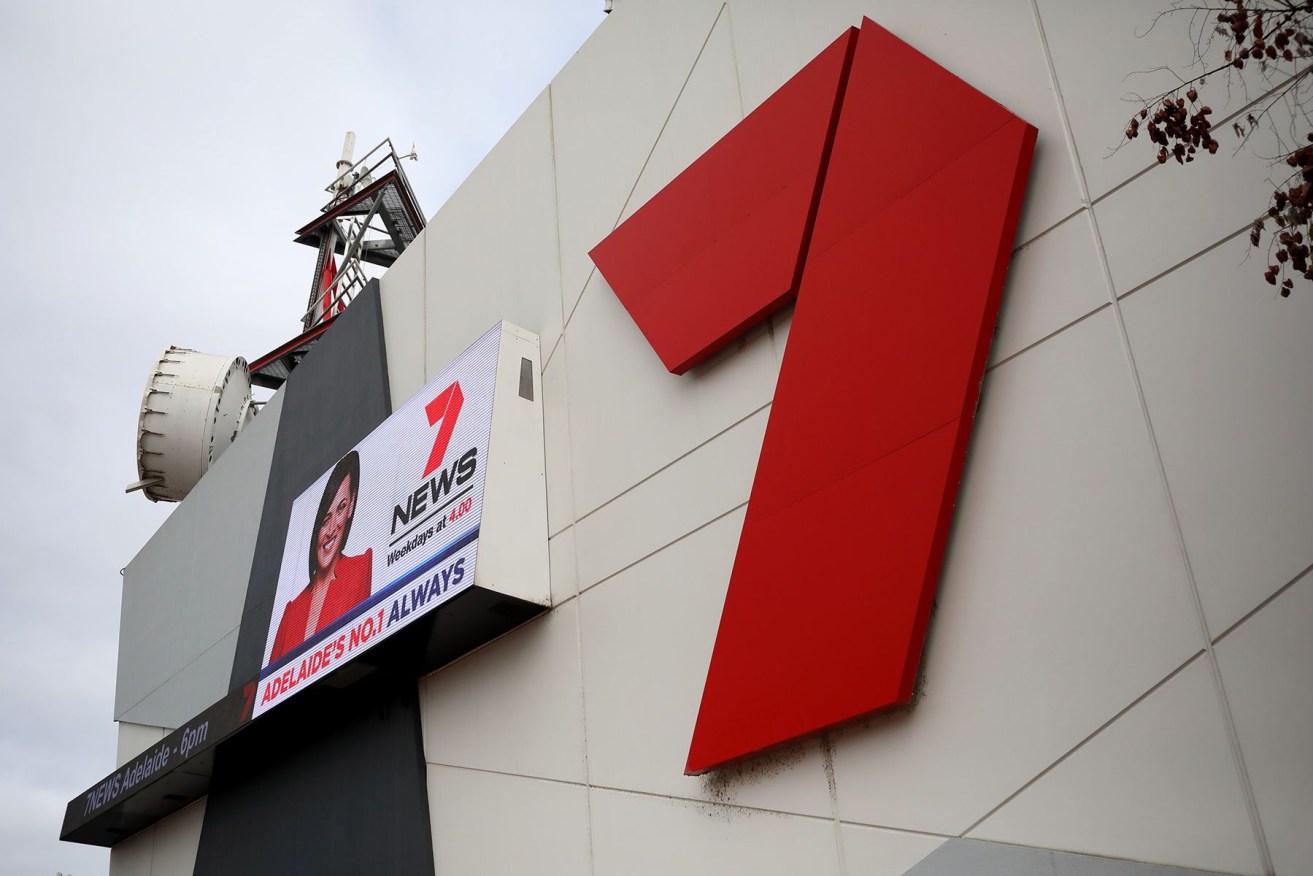 Seven's Hindmarsh headquarters, with a billboard advertising the 4pm bulletin. Photo: Tony Lewis/InDaily