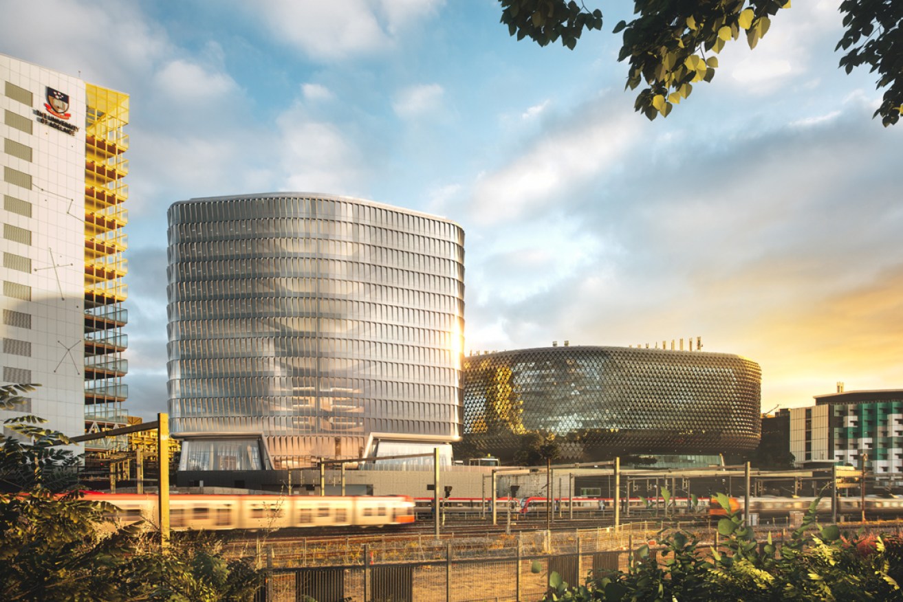 An artist's render of the new SAHMRI II building, which will sit between the original SAHMRI building and the University of Adelaide's Health & Medical building (left) on North Terrace.