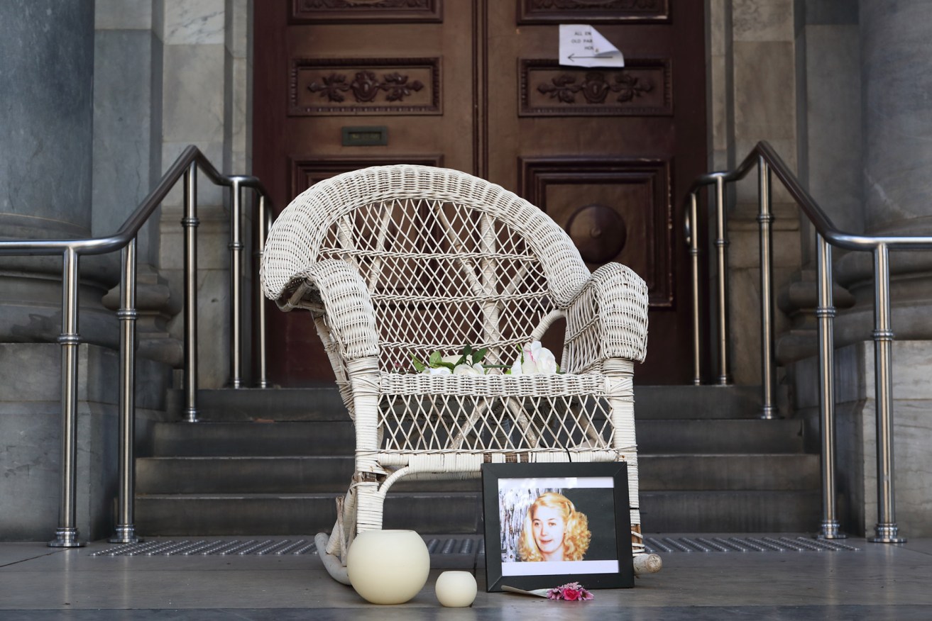 A cane chair standing on the steps of parliament house this week as a tribute to Ann-Marie Smith. Photo: Tony Lewis / InDaily