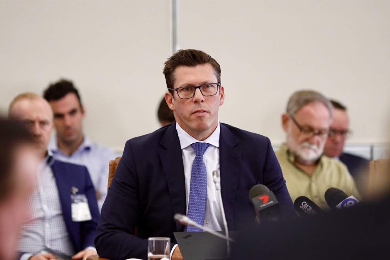 Crows CEO Andrew Fagan at a previous parliamentary inquiry into the Adelaide Oval hotel development. Photo: Tony Lewis / InDaily 