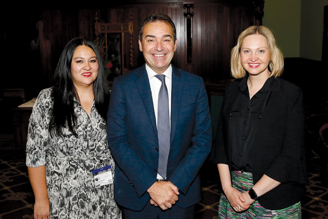 Premier Steven Marshall with 40 Under 40 winners Carmen Garcia and Sarah Bartholomeusz at the launch of the group's alumni last year. Photo: Ben Kelly 