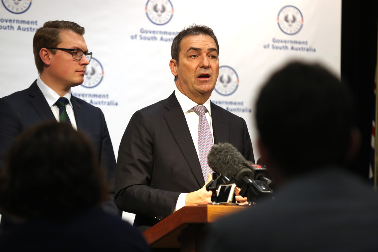 Premier Steven Marshall at a previous press conference with Stephan Knoll. File image: AAP/Kelly Barnes