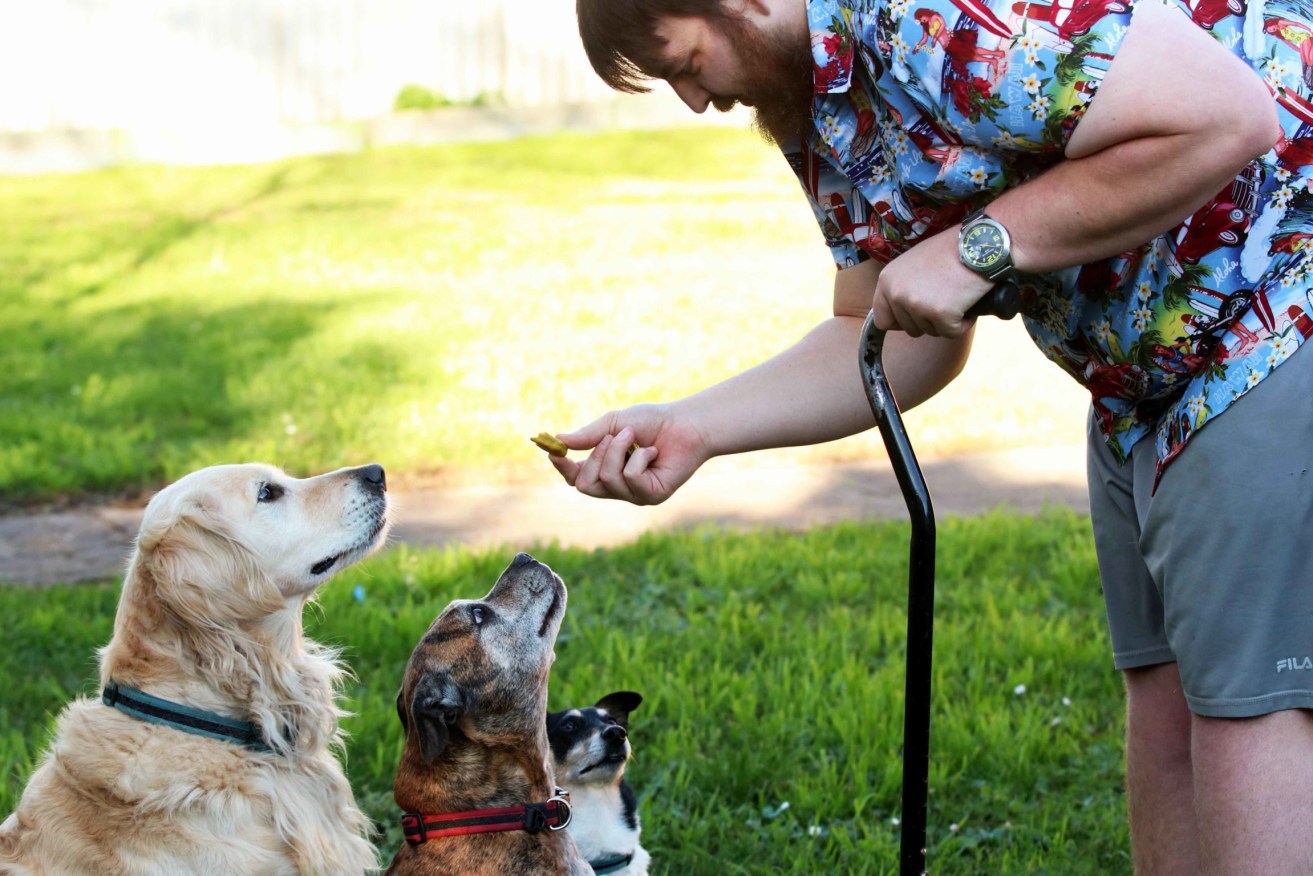 New business owner Adrian Lepley calls his three dogs his "Quality Control Team". Photo: Kate Hill