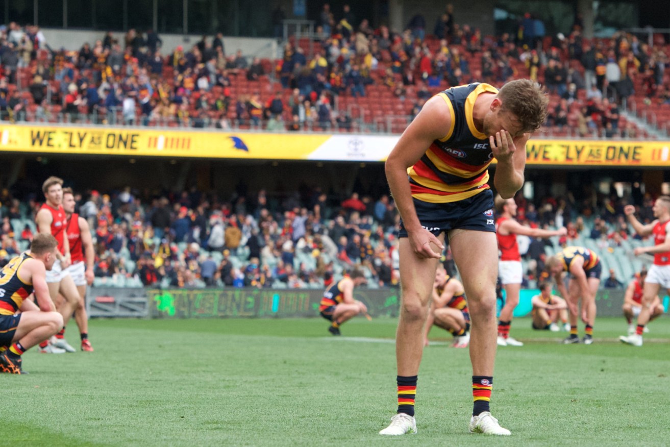 Brodie Smith after missing a shot at goal in the dying seconds of yesterday's game. He should cheer up. Photo: Michael Errey / InDaily