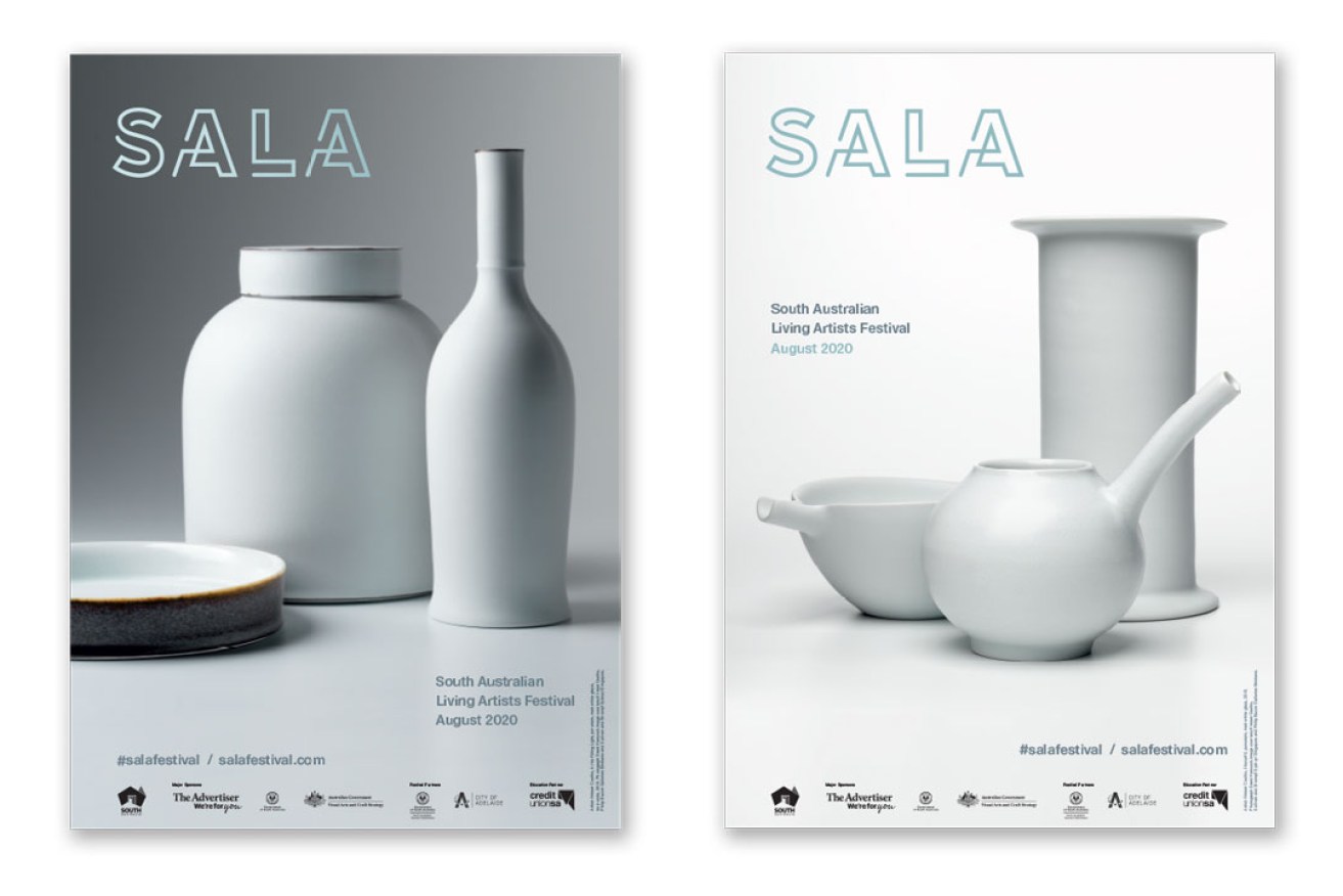 The 2020 SALA Festival posters, featuring works by Kirsten Coelho, photographed by Grant Hancock.