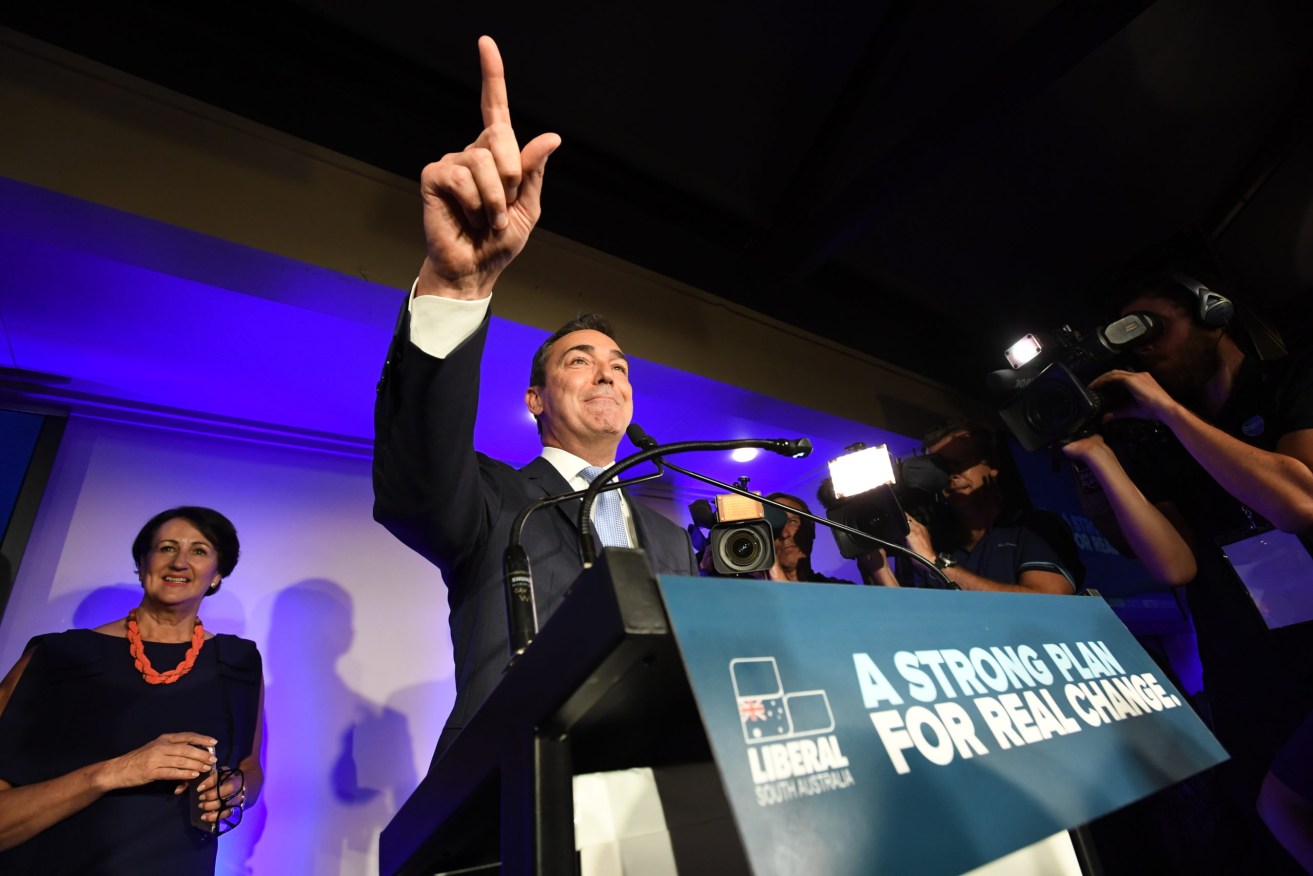 Steven Marshall celebrates on election night, 2018. Photo: Tracey Nearmy / AAP