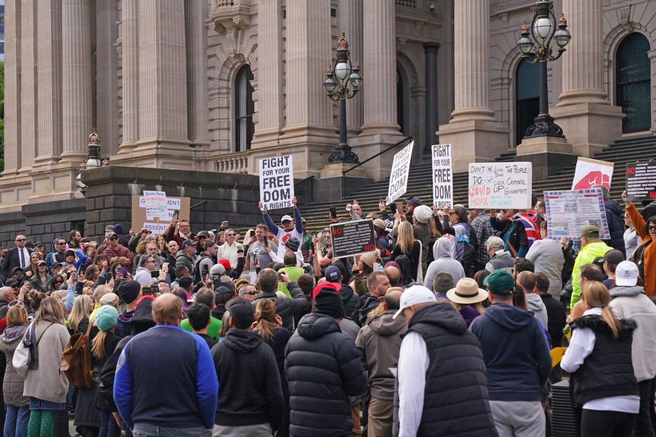 An anti-lockdown protest in Melbourne last year. Photo: AAP/Scott Barbour
