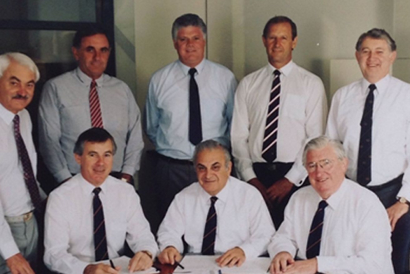 Max Basheer (front centre) and Leigh Whicker (front left) with the first, interim Adelaide Football Club board. Other members are, from back left, Ed Betro, Bob Hammond, Bill Sanders, Adrian Sutter and Rick Allert, with Bob Lee front right. Photo: SANFL